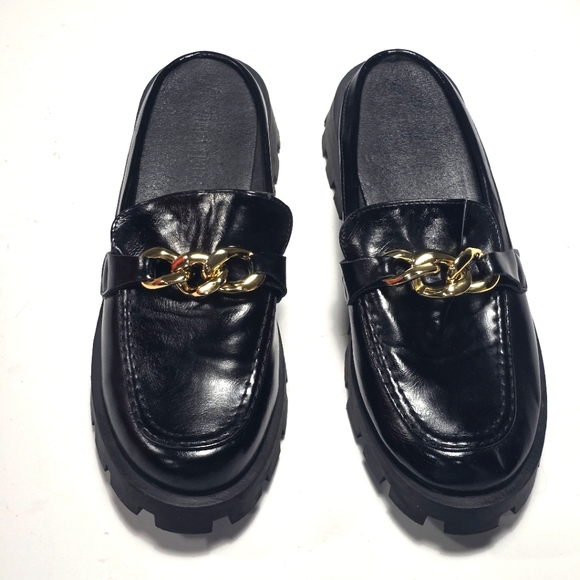 Ladies Black Loafers with Gold Chain Detail Size 10 - Picture 1 of 10